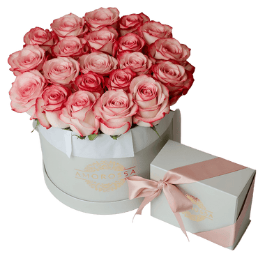AMOROSSA - Amorossa Sweet & Blossom Set - Pink roses bouquet in white round box with matching gift box tied with pink ribbon, Floristeria, Regalar Flores, mandar.
