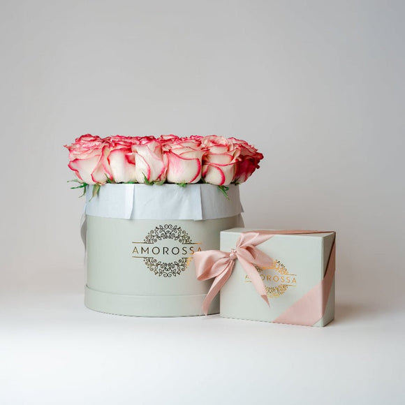 AMOROSSA - Amorossa Sweet & Blossom Set - Pink roses bouquet in white round box with matching gift box tied with pink ribbon, Floristeria, Regalar Flores, mandar.