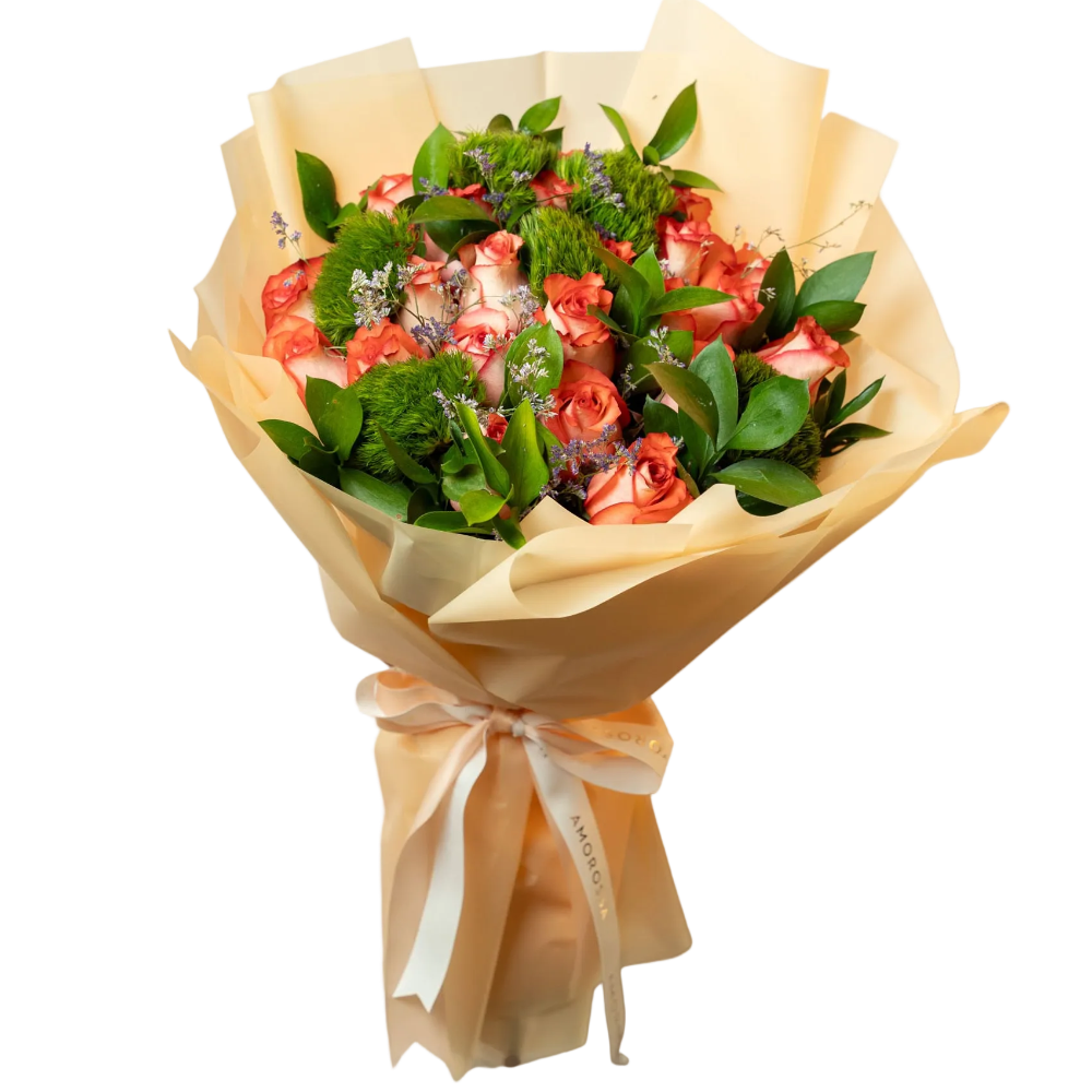AMOROSSA - Bouquet 24 Lehavá Premium - Ramo de 24 rosas naranjas con follaje verde, embalaje beige, ideal para regalar flores y mandar rosas con floristería y.