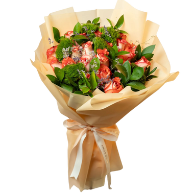 AMOROSSA - Bouquet 24 Lehavá Premium - Ramo de 24 rosas naranjas con follaje verde, embalaje beige, ideal para regalar flores y mandar rosas con floristería y.
