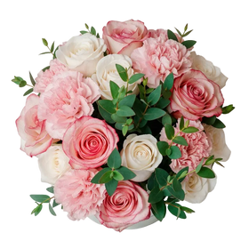 AMOROSSA - Carnaval 12 - Elegant bouquet of pink and white roses and carnations with green foliage for regalar flores and mandar rosas delivery.
