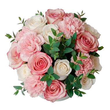 AMOROSSA - Carnaval 12 - Elegant bouquet of pink and white roses and carnations with green foliage for regalar flores and mandar rosas delivery.