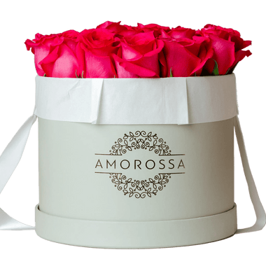 AMOROSSA - FUCSIA 24 - Round gray box bouquet with 24 vibrant fuchsia roses, elegant Floristeria gift for Regalar Flores and Enviar Flores with.