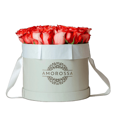 AMOROSSA - LEHAVÁ 24 - Round white box bouquet with 24 red and pink roses, elegant floral arrangement for regalar flores and mandar rosas delivery.