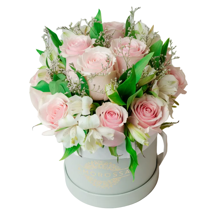 AMOROSSA - Private Garden 12 - Caja gris elegante con 12 rosas rosadas y follaje, ideal para regalar flores y mandar rosas rápido.