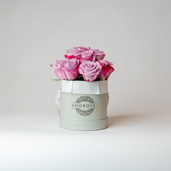 AMOROSSA - SAGOL 12 - Small white box with 12 purple and pink roses, elegant flower arrangement for regalar flores and mandar rosas delivery.