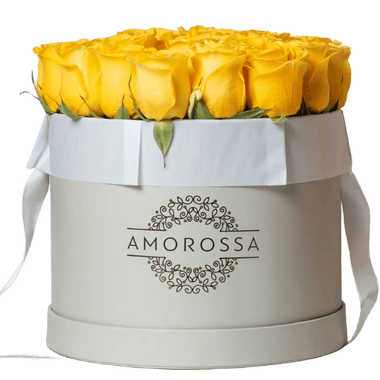 AMOROSSA - SAVION 24 - Round gray box with 24 vibrant yellow roses, elegant floral arrangement for regalar flores and delivery rapido de flores.