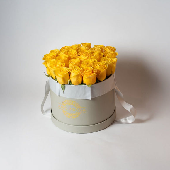 AMOROSSA - SAVION 24 - Round gray box with 24 vibrant yellow roses, elegant floral arrangement for regalar flores and delivery rapido de flores.