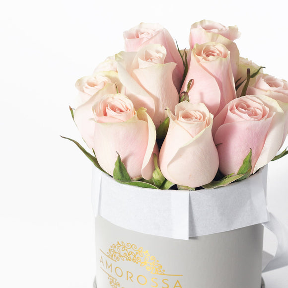 AMOROSSA - VAROD NOVIA 12 - Elegant pink roses arranged in a small white box with Amorossa label for Regalar Flores and Delivery rapido de flores.