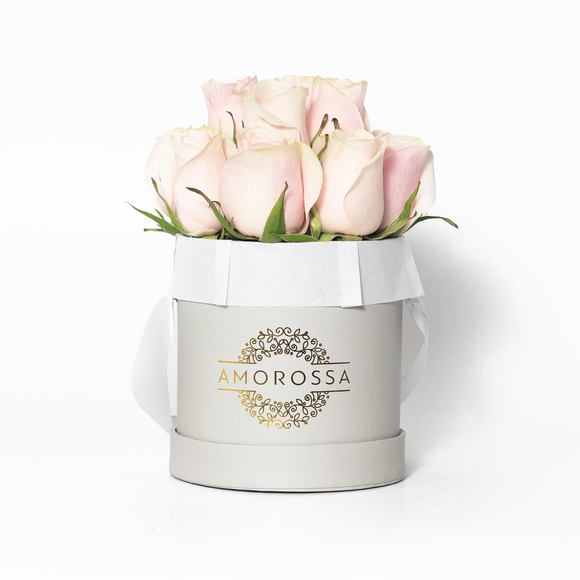 AMOROSSA - VAROD NOVIA 12 - Elegant pink roses arranged in a small white box with Amorossa label for Regalar Flores and Delivery rapido de flores.