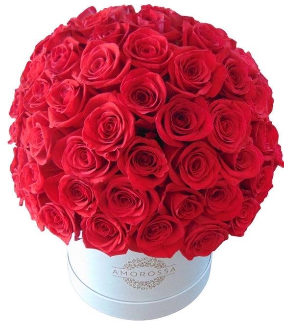 AMOROSSA - Adom 100 - Luxurious bouquet of red roses arranged in a white Amorossa box for Regalar Flores and Delivery rapido de flores.