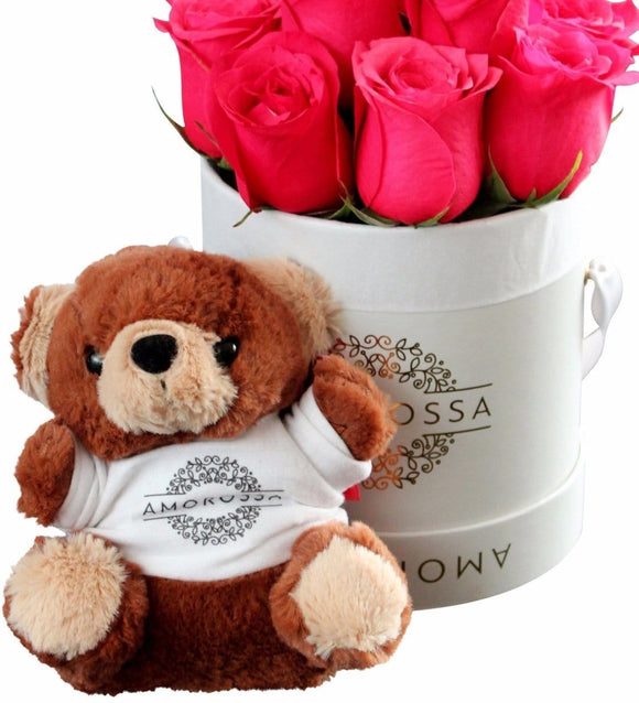 AMOROSSA - Dúbi Amorossa Teddy Bear 8" - Brown and beige 8" teddy bear wearing white Amorossa shirt, perfect for Regalar Flores gift delivery and Floristeria.