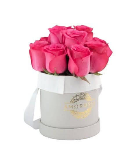 AMOROSSA - FUCSIA 12 - Small gray round box with a dozen bright fuchsia roses, elegant floral arrangement for regalar flores and mandar rosas with.