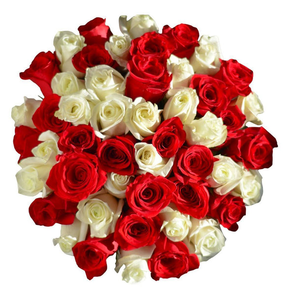 AMOROSSA - LAVANADOM 48 - Elegant mixed red and white roses in a luxury white round box with handles for Regalar Flores and Enviar Flores delivery.