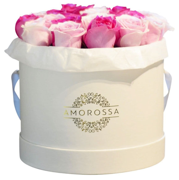 AMOROSSA - PINKERBELLE 24 - Elegant white round box filled with 24 pink roses, perfect to regalar flores and mandar rosas with fast delivery from.
