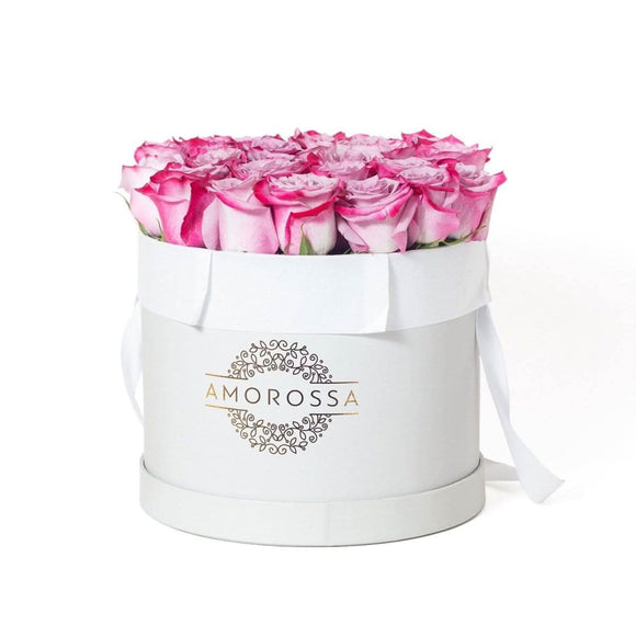 AMOROSSA - SAGOL 24 - 24 pink and white roses in a white round box with Amorossa logo, perfect to regalar flores and mandar rosas with floristeria .