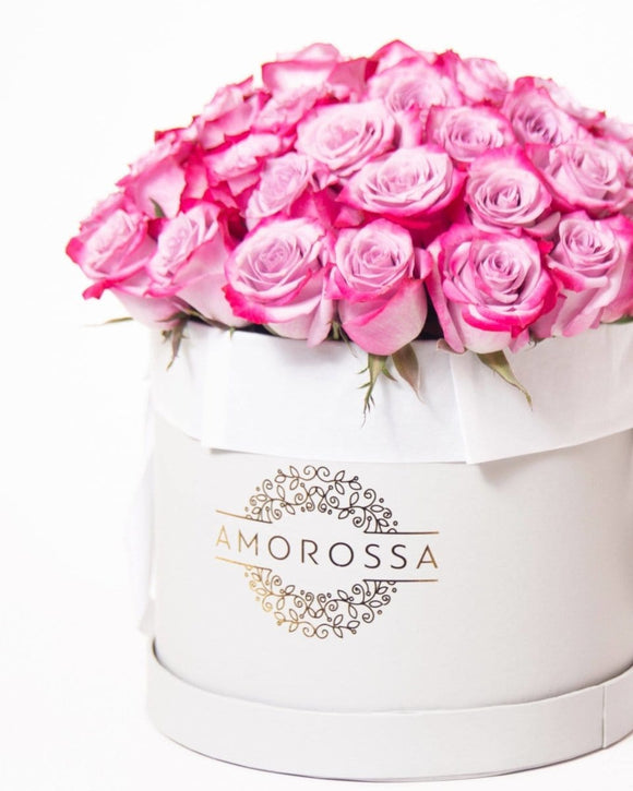 AMOROSSA - SAGOL 48 - Elegant arrangement of 48 pink roses in a white Amorossa box, perfect for Regalar Flores and Delivery rapido de flores.